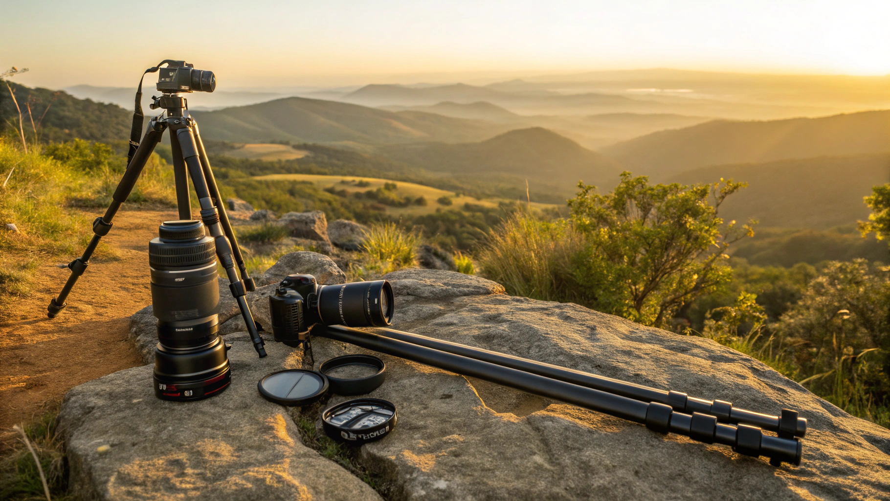 Professional camera gear set up for long exposure landscape photography