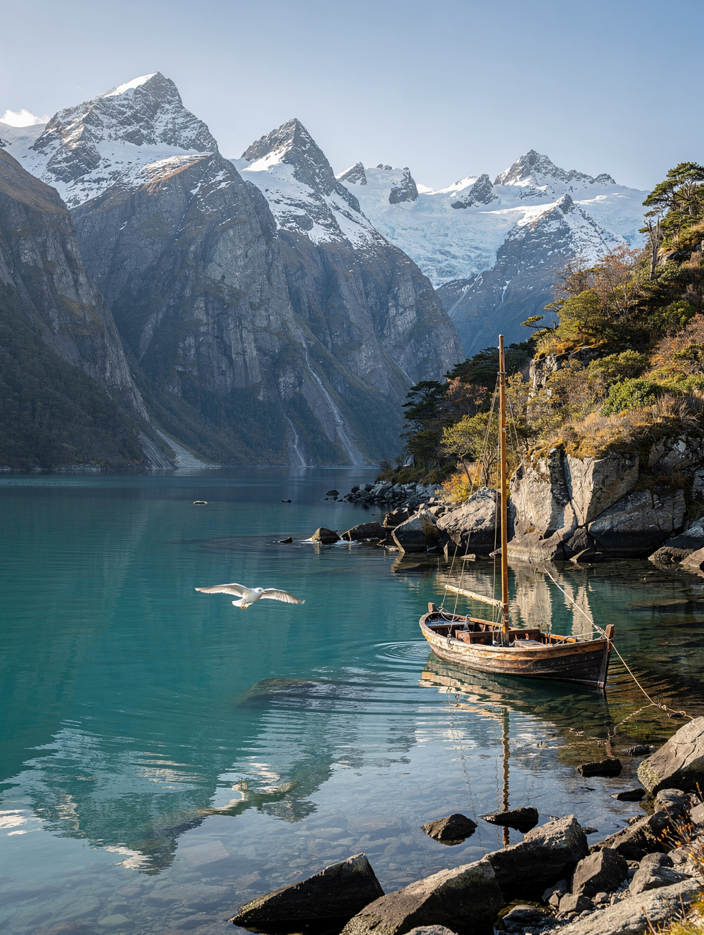 Mirror-like reflection of mountains in a calm New Zealand fjord