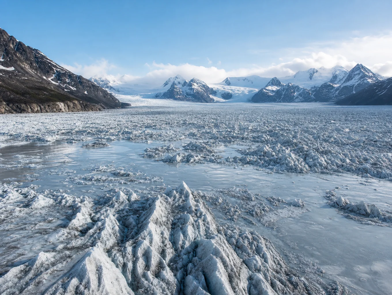 Expansive valley view with a massive blue glacier in Patagonia